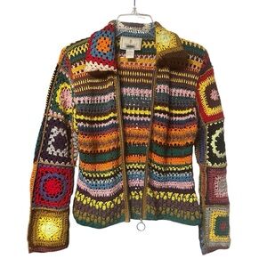 Vintage Express Multicolor Crocheted Sweater jacket Granny Square Collar M